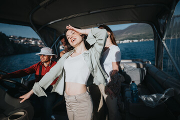 Joyful friends on a boat share a moment of laughter and relaxation during a vacation trip on a...
