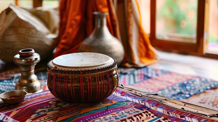 ethnic musical instrument tabla in the interior of the chill-out

 - obrazy, fototapety, plakaty