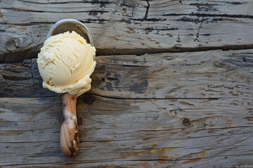 Sumptuous Mr. Graham's ice cream scoop served on a rustic wooden surface, offering a perfect spot for additional text
