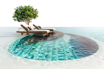 Tranquil outdoor pool with crystal-clear water and comfortable lounge chairs, isolated on solid white background.