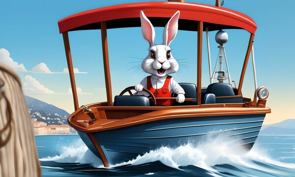 wallpaper for children representing a rabbit piloting a boat, off the coast of Nice, with a hilarious smile