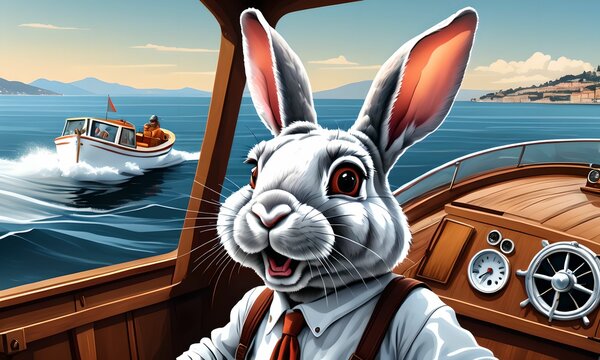 wallpaper for children representing a rabbit piloting a boat, off the coast of Nice, with a hilarious smile
