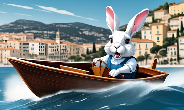 wallpaper for children representing a rabbit piloting a boat, off the coast of Nice, with a hilarious smile