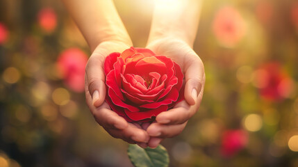 Mãos segurando uma rosa vermelha brilhante