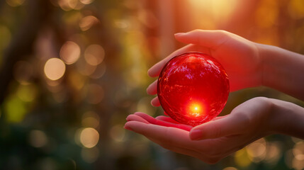 Mãos segurando uma esfera vermelha brilhante 