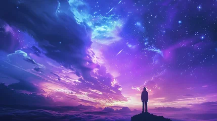 Foto auf Alu-Dibond Dunkelblau Meditation Mindfulness Spiritual Life - Silhouette Person Man Standing at Heaven Fantasy Landscape with Shining Cloudy Sky 