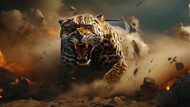 Running abstract tiger with open mouth in mud and dust