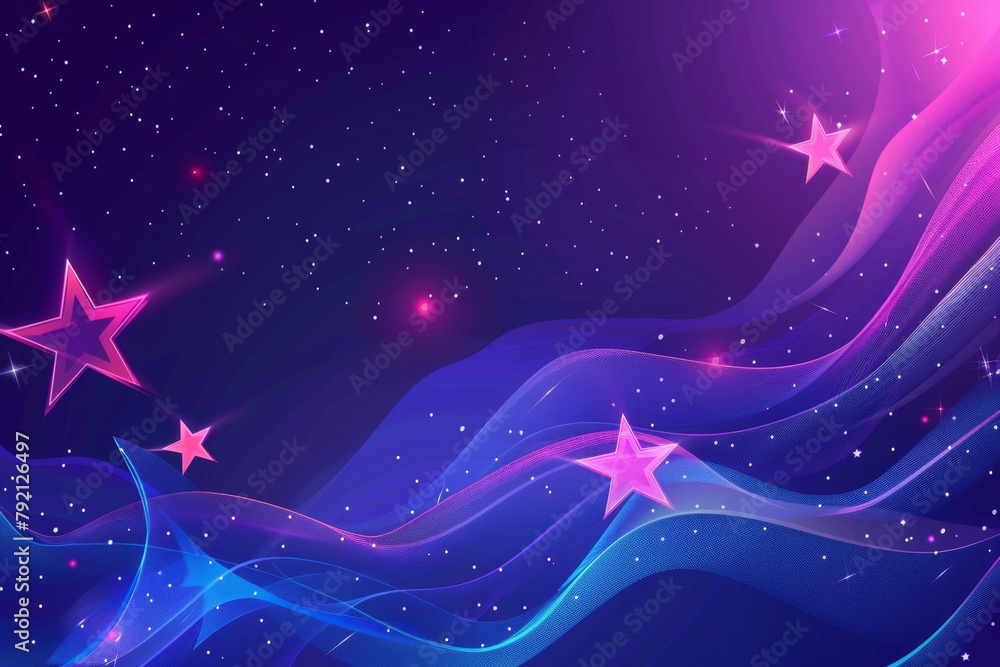 Poster abstract background with glowing purple stars and lines on blue gradient background generative ai