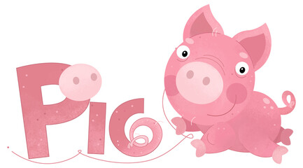cartoon scene with happy little pig farm animal theme with name template isolated background illustration for children