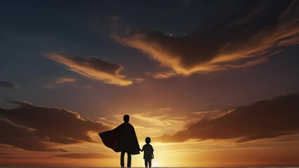 Silhouette of backview of father and kid stand wear cape with sunset sky