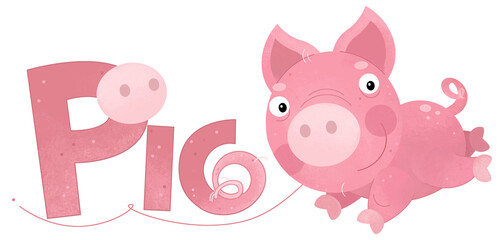 cartoon scene with happy little pig farm animal theme with name template isolated background illustration for children