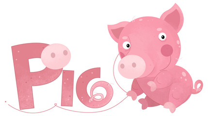 cartoon scene with happy little pig farm animal theme with name template isolated background illustration for children