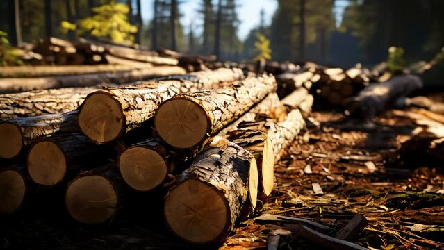 Natural wooden boards and logs at the sawmill