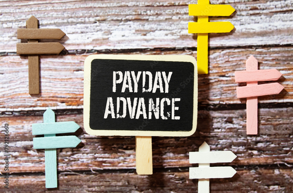 Poster payday loans concept. centered with text near magnifier and notepad