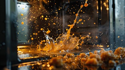 Food splattered in microwave oven, close-up.


