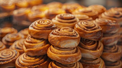 Freshly Baked Cinnamon Swirl Bun sweet pastry treats Close Up. Group of bread and pastry items stacked together on Supermarket shelf in a large group.

