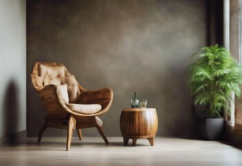 modern made solid interior Rustic stucco stump grunge room wall wood living barrel window chair design in table Hand-crafted style coffee - obrazy, fototapety, plakaty
