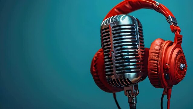 Retro microphone and headphones on a blue background. Music concept