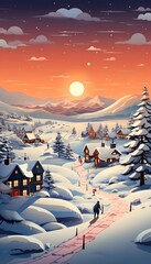 Winter landscape with houses and snowdrifts. Christmas and New Year background.