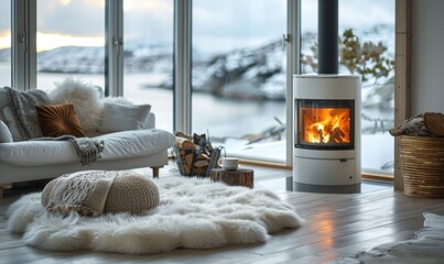 Obraz premium A penthouse with cosy atmosphere interieur and a stove with fire