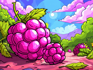 Fototapeta premium Colorful vector illustration of ripe raspberries with a whimsical, vibrant background.