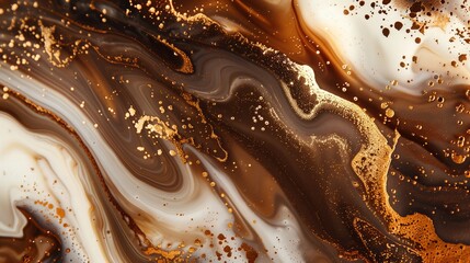 The luxurious swirls and ripples of a viscous liquid chocolate and coffee with a rich, golden-brown hue, accented by shimmering gold highlights.