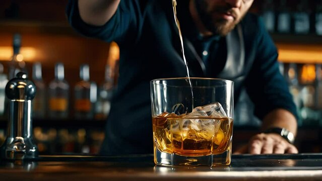 Bartender pouring fresh liquid into drinking glass at bar counter