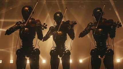 Silhouette a robotic string quartet on a dimly lit stage, their metallic arms precisely bowing and plucking in perfect harmony - obrazy, fototapety, plakaty