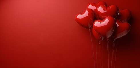 Red Heart Shaped Balloons on Red Wall - obrazy, fototapety, plakaty