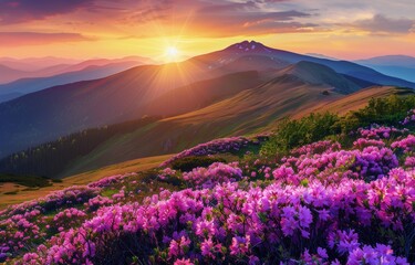 Purple Flowers Field With Mountain Background