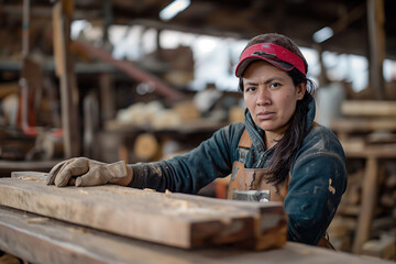 worker womam cutting wood