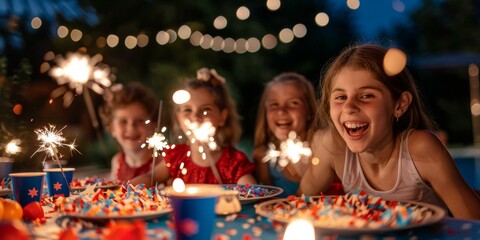 Joyful children celebrating Independence Day with sparklers, festive decorations, and smiles under evening lights, capturing the spirit of freedom and fun.