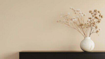 Minimalist interior with dried flowers in vase on the black commode beige background. AI generated
