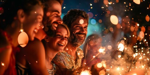 Joyful group of four celebrating with fireworks during Independence Day, showcasing vibrant sparks and laughter in mood of Fourth of July festivity.