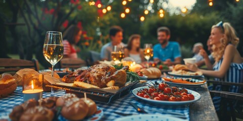 Joyful Independence Day celebration with friends enjoying a festive outdoor dinner with vibrant dishes and warm candlelight, embodying community and festivity.