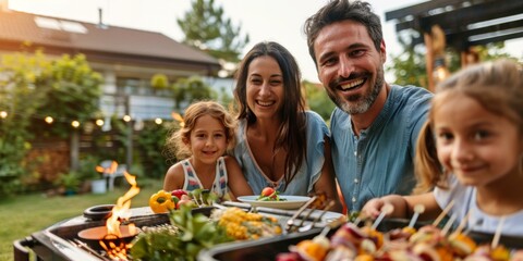 Joyful family of four enjoying backyard barbecue on Independence Day, close-up of smiling faces and vibrant food, sunny summer evening.