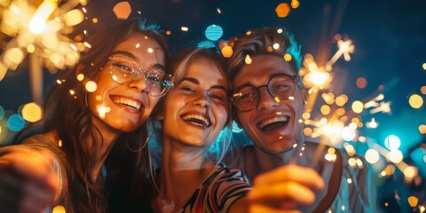 Joyful trio celebrates Independence Day with vibrant sparklers at nighttime, evoking festive patriotism and unity, ideal for Fourth of July themes.