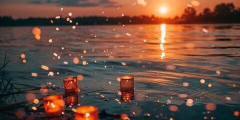 Vibrant Independence Day celebration with sparkling water lanterns on tranquil lake at sunset, invoking freedom and festivity moods, no people, orange and blue colors dominate.
