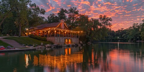 Obraz premium Beautiful sunset view of festively lit building by lake during Fourth of July celebration, vibrant twilight colors reflecting on calm waters. Copy space.