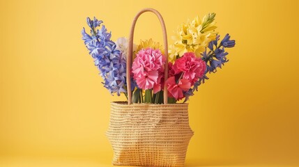 A straw bag with hyacinth and carnation blossom flowers on yellow background. AI generated image