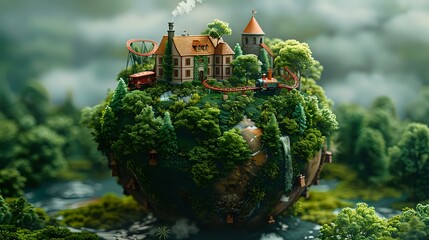 Obraz premium Enchanting Fantasy: Miniature Earth with Grand Treehouse and Rollercoasters