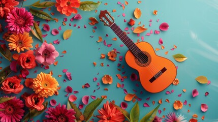 Ukulele Surrounded by Flowers and Petals