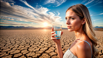 Beautiful woman with a glass of water on desert background - obrazy, fototapety, plakaty
