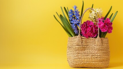 A straw bag with hyacinth and carnation blossom flowers on yellow background. AI generated image