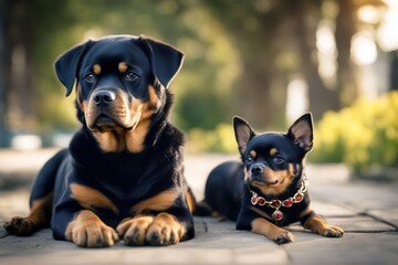 'chihuahua rottweiler dog puppy2 baby friendship friends big black animal race studio background white obedient obedience kind guard' - obrazy, fototapety, plakaty