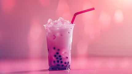 Plastic clear glass with delicious milk tea with tapioca balls. Milk bobba cold tea, summer drink on flat pink background with copy space, banner template