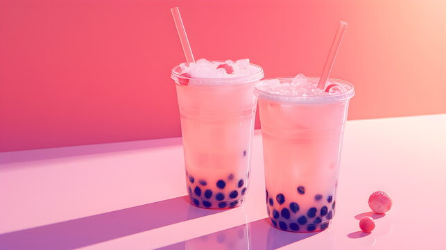 Two plastic transparent glasses with delicious milk tea and tapioca balls. Iced bobba milk tea, summer drink on flat pink background with copy space, banner template.
