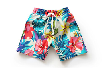 Vibrant swim trunks with tropical print for boys, isolated on a solid white background
