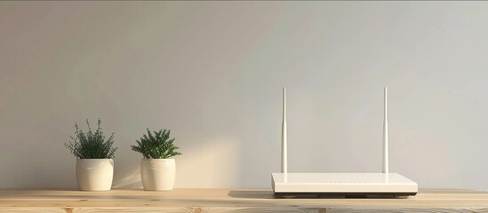 Modern high speed router for home secure networks and online communication high tech on the table at living room.