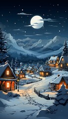 Winter village at night with full moon and snowfall. Vector illustration